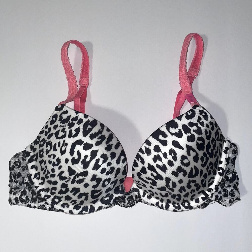 Victoria's Secret PINK Bra 32C White Black Animal Print Leopard Push Up Padded
